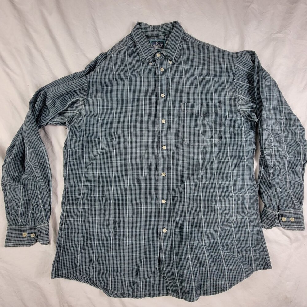 Woolrich Mens Large Gray Button Down Plaid Shirt Casual Travel Outdoors Work